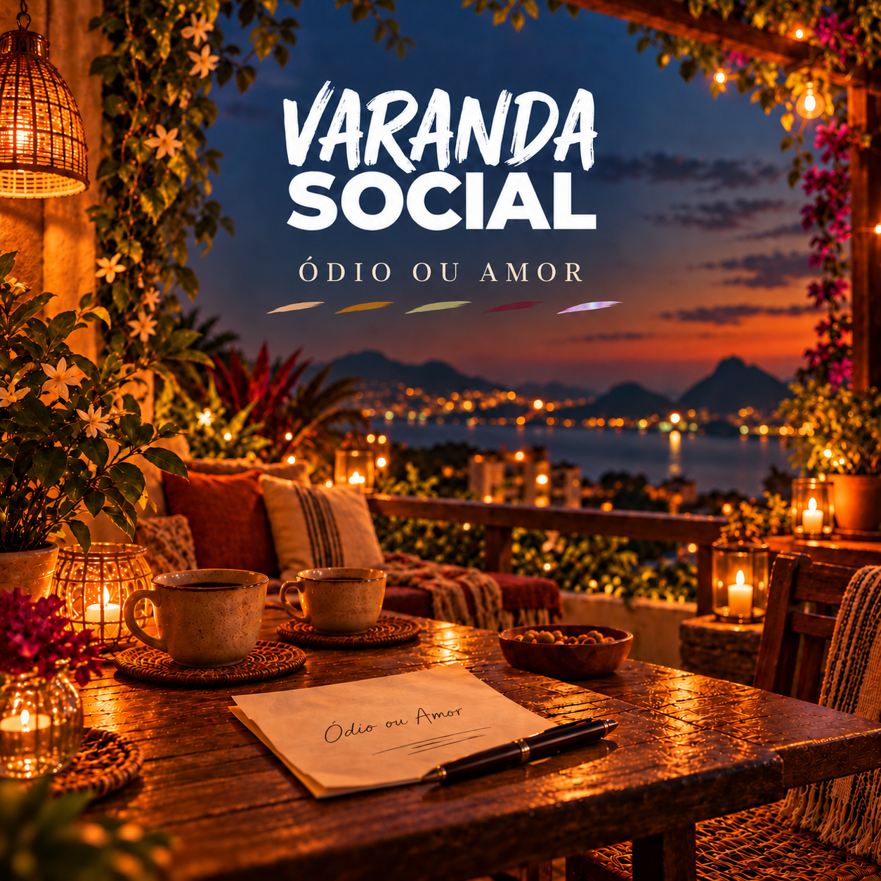 Capa do EP Ódio ou Amor: uma varanda iluminada, com mesa, caderno e a cidade ao anoitecer