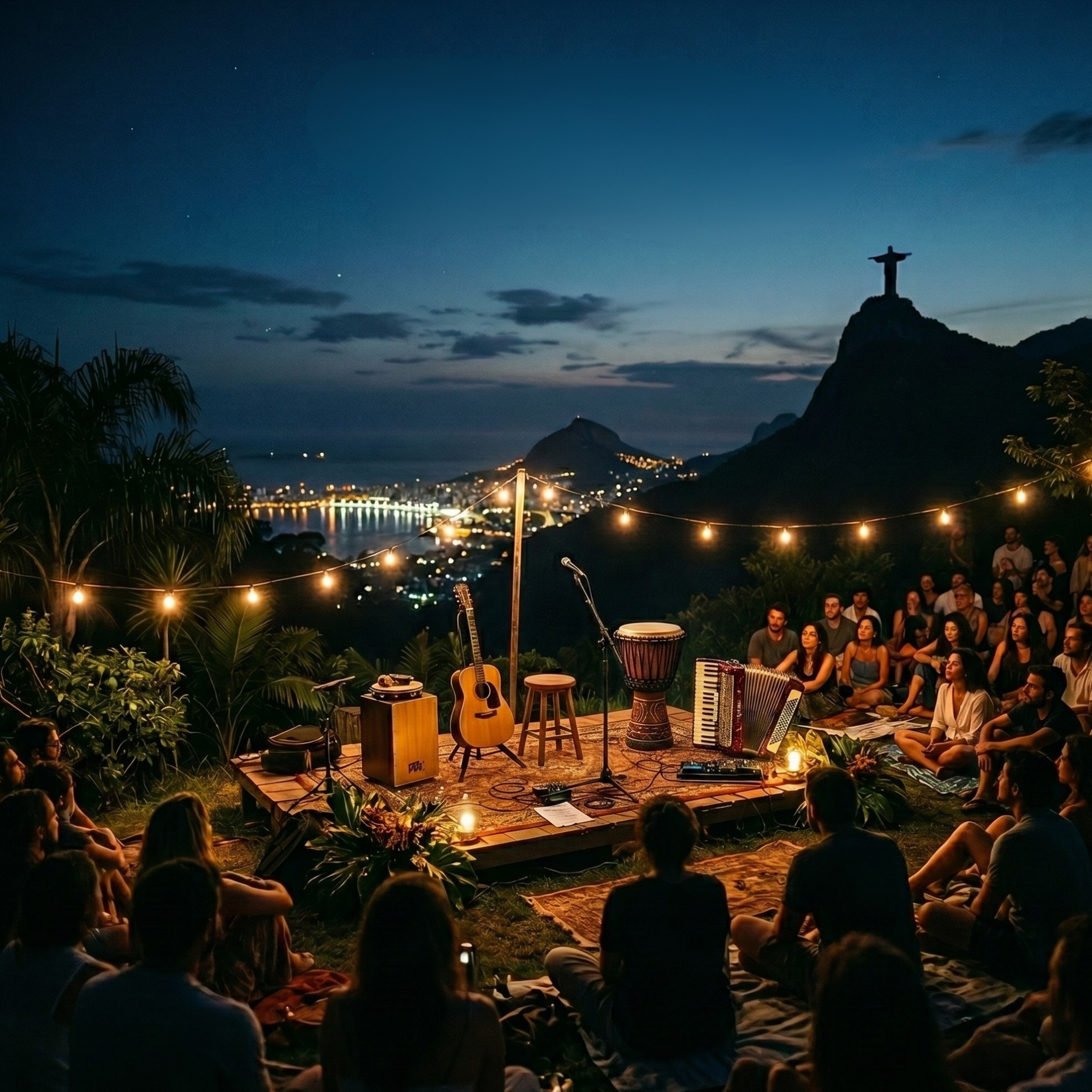 Instrumentos em uma varanda ao anoitecer, com pessoas reunidas e a paisagem do Rio de Janeiro ao fundo